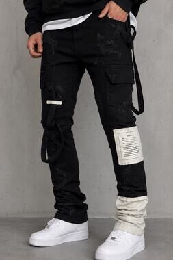 MNML Black Distressed Cargo Skinny Jeans Strap Utility Punk Streetwear Size 30